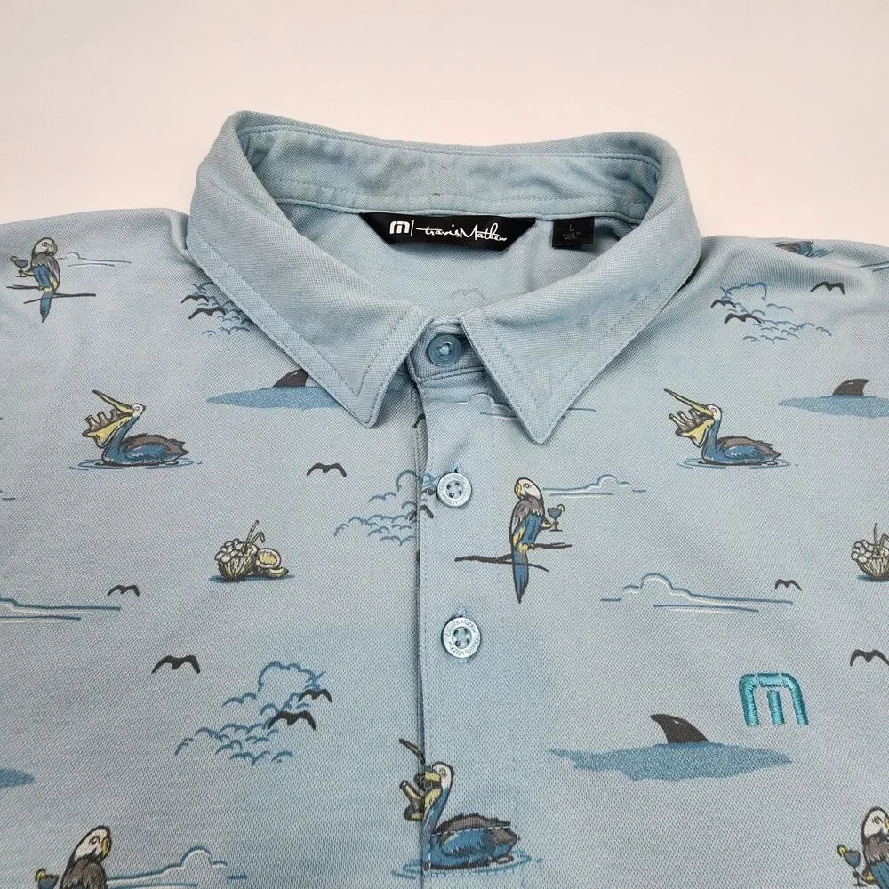 TravisMathew Golf Polo Shirt Men's Large Pelican Print Light Blue Pima Cotton - Picture 5 of 8